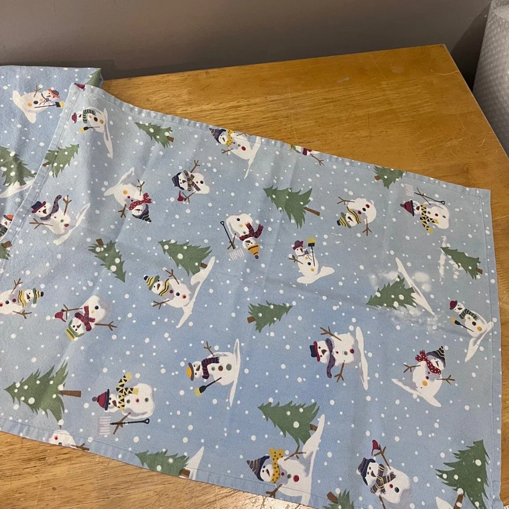 Crate & Barrel Blue Snowman Trees Cotton Kitchen Towels Set of 2 Vtg Holiday